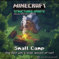 an image of a small camp in the woods with text overlay that reads, minecraft structures update