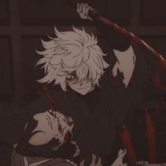 an anime character with white hair and black clothes holding two swords in his hand, while another person holds the other arm behind him