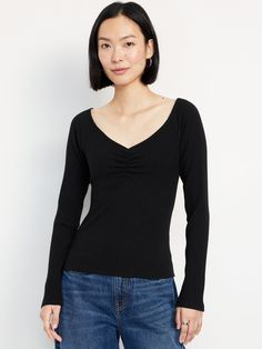 off-shoulder v-neckline long sleeves cinched center front fitted hits high on hip models are approx.  5'9" and wear sizes s (4), l (12), and xl (18)machine wash according to the care instruction label  . Best Holiday gift for Women , perfect Tops for Christmas! Pajamas Gift, Rib Knit Top, Family Maternity, Family Pajamas, Old Navy Women, Jack Black, Big And Tall, Womens Clothing Tops, Knit Top