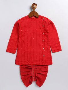 VASTRAMAY SISHU Boy's Red Embellished Angrakha Kurta Dhoti Set Dress your little one in style with this festive red kurta dhoti set. Features an embellished angrakha kurta with a comfortable dhoti. Perfect for special occasions and festivals. Key Features Red angrakha style kurta Embellished design Comfortable dhoti pants with elasticated waistband Specifications Material: Top - Cotton Blend, Bottom - Cotton Blend Care: Dry Clean Only Sleeve Length: Long Material & Care This kurta dhoti set is m Festive Sherwani With Gota Work, Red Kurta With Gota Work For Party, Red Gota Work Kurta For Party, Red Party Kurta With Gota Work, Red Bandhgala With Zari Work For Navratri, Red Festive Kurta For Navratri, Red Kurta For Navratri Festival, Festive Red Straight Kurta Bandhgala, Red Straight Kurta Bandhgala For Festive Occasions