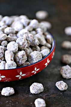 a red bowl filled with dog food on top of a black counter next to white rocks