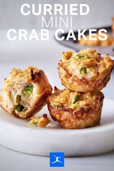 three mini crab cakes on a plate with the title overlaying it's image