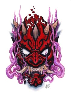 a drawing of a red demon mask with purple flames on it's face and eyes