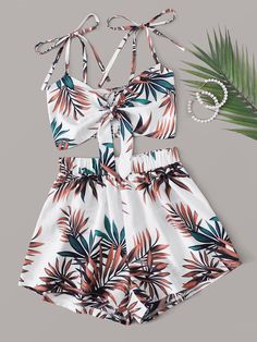 Multicolor Boho Collar Sleeveless  Tropical,All Over Print  Embellished Non-Stretch Summer Women Clothing Loose Shorts Outfit, Elastic Waist Shorts Outfit, Vacation Clothing, Summer Bodycon Dress, Summer Black Dress, Cute Swimsuits, Wedding Dresses Plus Size, Summer Party Dress, Print Shorts