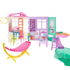 a doll house with furniture and accessories including a hammock, bed, table, chairs