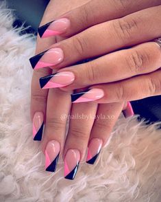 Pink And Black Nails, Pink Black Nails, Nail Tip Designs, Fancy Nails Designs, Nagel Tips, Black Nail Designs, Black Nail, Pink Nail Designs