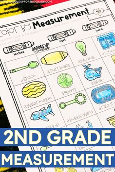 the 2nd grade measurement worksheet is on top of a yellow and black background