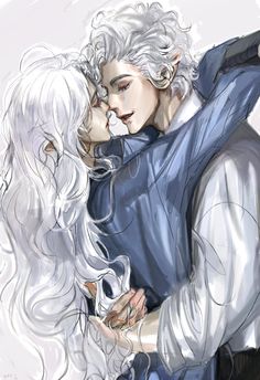 an image of a man and woman hugging each other with long white hair on their heads