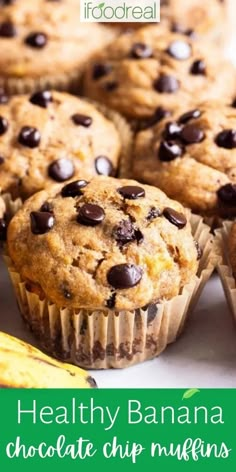 healthy banana chocolate chip muffins with text overlay