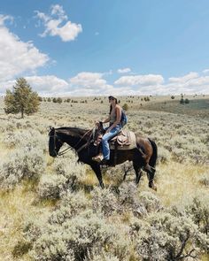 a man riding on the back of a brown horse in a field next to trees