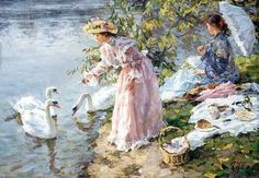 a painting of two women by the water with swans in front of them and one woman sitting on a rock