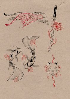 two fish and a cat are depicted in this drawing