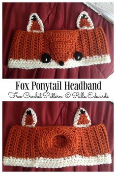 two crocheted fox headbands with black eyes