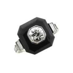 Art Deco Platinum Onyx and Diamond Ring 0.75ctw For Sale at 1stDibs Onyx And Diamond Ring, Deco Rings, Cushion Cut Diamond, Black Onyx Stone, 1920s Art Deco, Cushion Cut Diamonds, Ring Fit, Art Deco Ring, Onyx Stone