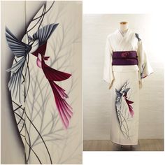 Vintage Semi Formal Kimono, Modern Bird Design Silk A: Take(length) 162cm B: Yuki( center to sleeve ) 64cm C: Sode Take(Sleeve length ) 48cm D: Width 134cm Please note: Kimono Item only Obi or other accessories are not included. Condition: C (has marks on the lining, collar, front&back) A: Good as brand new. B: The second hand might have some small marks or damages but is still in quite good condition. C: There are some marks or damages, but it is in good condition. D: Has many marks or damages. Formal Kimono, Kimono Modern, Moda Kimono, Traditional Japanese Kimono, Modern Birds, Kimono Vintage, Traditional Kimono, Vintage Japan, Japanese Kimono