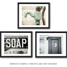 three framed pictures with the words soap and an image of a faucet on it