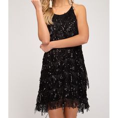 Be Noticed In This Stunning Sequined Fringe Dress At Your Next Holiday Party! Small 0-2 Medium 4-6 Large 8-10 Material: 100% Polyester Measurements Are Laying Flat And Are Approximations Small: Chest-17", Length From Pit-27.5" Medium: Chest-18", Length From Pit-28" Large: Chest-19", Length From Pit-28" Any Questions Please Ask. Sky Black, Fringe Dress, Next Holiday, Boutique Accessories, Woven Dress, Black Sequins, Cami Dress, Sequin Dress, Holiday Party