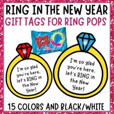 the ring in the new year gift tags for ring pops are shown with pink glitter