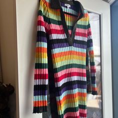 The Most Cheerul And Cozy Dress You’ll Ever See! Only Tried This On Once, Never Worn. Tags Are Missing, Otherwise Brand New! Multicolor Mini Dress For Winter, Striped V-neck Mini Dress For Fall, Multicolor V-neck Winter Dress, Pink Polka Dot Dress, Sequence Dress, Cozy Dress, Rainbow Sweater, Chiffon Midi Dress, White Caps