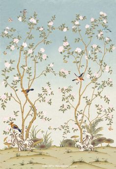 two birds sitting on top of a tree next to white flowers and trees in the background