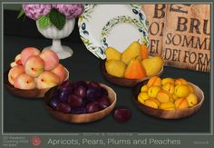 three wooden bowls filled with fruit next to a vase and plate on a counter top