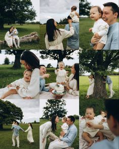 a collage of people holding and playing with their babies in the park, while one woman holds her baby