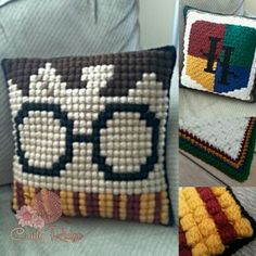 four different pictures of pillows made to look like legos and the same one has glasses on it