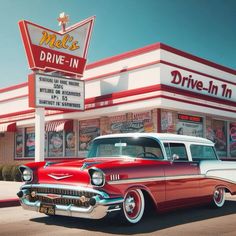 an old red and white car parked in front of a drive - in