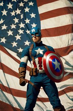 captain america standing in front of an american flag with his hands on his hips and holding a shield