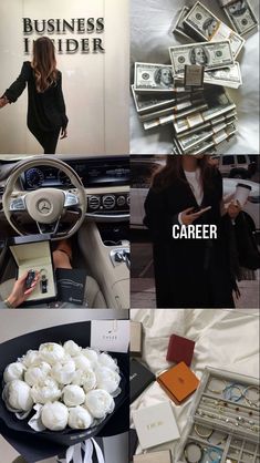 a collage of photos with the words career and money on it, including an image of a woman in a car