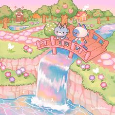 two cats are sitting on a bridge over a waterfall and another cat is standing at the end