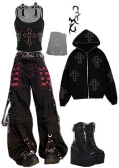 Red Goth Outfits, Metal Concert Outfit, Red Goth, Gothic Outfit, Black Y2k, Emo Outfits, Street Outfit, Gothic Outfits, Goth Outfits