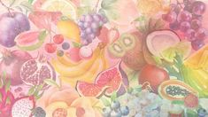 a painting of fruits and vegetables on a pink background