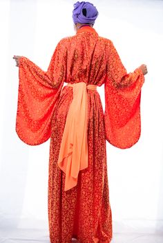 Elegant Red Wrap Kimono, Elegant Orange Spring Kaftan, Orange Spring Kaftan With Kimono Sleeves, Orange Kaftan With Kimono Sleeves For Spring, Elegant Long Orange Kaftan, Traditional Long Orange Kimono, Pink Party Kimono, Silk Kimono Robe For Party, Silk Robe With Kimono Sleeves For Party