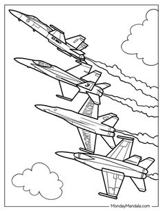 three airplanes flying in the sky coloring page