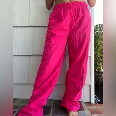 Nwt! Brand New Hot Pink Cargos / Pink Parachute Pants Light Weight, Breathable, Stretchy Cinched Waist And Ankles Pink Stretch Wide Leg Parachute Pants, Casual Pink Full-length Parachute Pants, Pink Stretch Parachute Pants With Pockets, Pink Parachute Pants With Cargo Pockets, Pink Stretch Bottoms With Cargo Pockets, Stretch Pink Bottoms With Cargo Pockets, Pink Stretch Cargo Bottoms, Pink Stretch Parachute Pants With Elastic Waistband, 90s Stretch Pants With Pockets