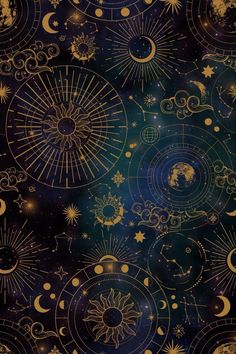 the sun, moon and stars are depicted in gold on a dark blue sky background