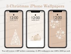 three iphone wallpapers with christmas tree and snowflakes on the back, one is