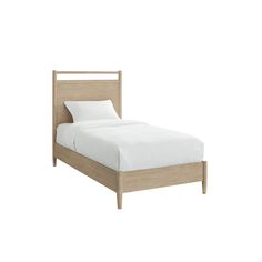 a bed with white sheets and wooden headboard