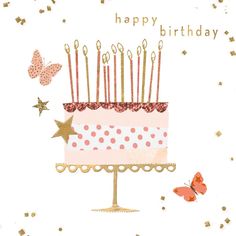 a birthday card with a cake and butterflies