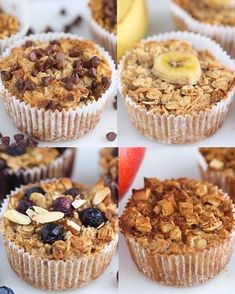 four pictures of muffins with fruit and nuts