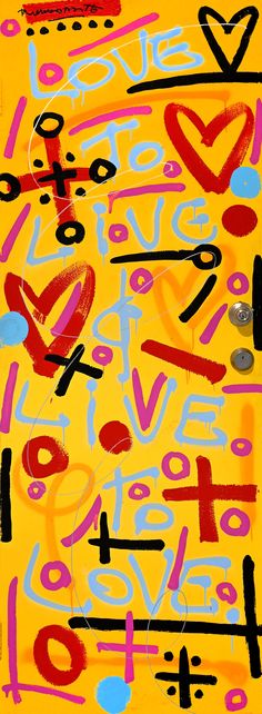 an abstract painting with different colors and shapes on it's surface, including the word love