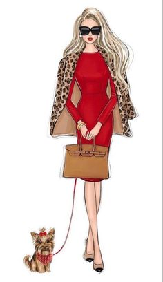 a woman in a red dress and leopard print coat is holding a brown purse while standing next to a small dog