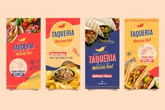 three vertical banners for taqueria, mexican food and mexican cuisine with colorful background