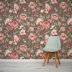 Aphrodite Sage In Room With Sage Chair Seaside Wallpaper, Sage Wallpaper, Tropical Art Deco, Salmon Peach, Chinoiserie Design, Aesthetic Space, Boho Wallpaper, Chinoiserie Style, Jungle Wallpaper