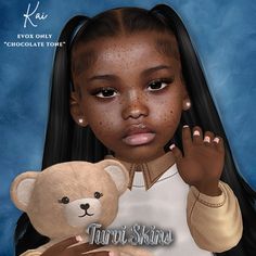 a digital painting of a girl holding a teddy bear in her hands with the caption, tauri skins