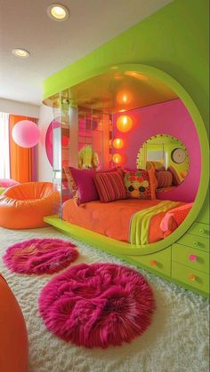 a bedroom decorated in bright colors with pink, green and orange accessories on the floor