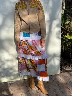 "late 1960's, early 1970's handmade patchwork maxi skirt. For the peasant blouse, go here: https://www.etsy.com/listing/1006044900/vintage-embroidered-peasant-blouse-pink?ref=shop_home_active_3 Waist: 26\" Hips: 40\" Length: 40\" Circa: late 1960's, early 1970's Condition: Good vintage condition. Normal wear. A few little rips to the waist band, otherwise normal wear throughout. Handmade with love :) Follow out IG for cool stuff---closetcasevintage instagram.com/closetcasevintage Please read our Blue Leather Skirt, Lace Cottagecore, Patchwork Maxi Skirt, Hippie Skirt, Chambray Jumpsuit, Quilted Skirt, Suede Fringe Jacket, Patchwork Skirt, Haute Hippie