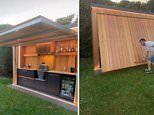 two pictures side by side one shows a man standing in front of a shed and the other shows a person working on an outdoor kitchen