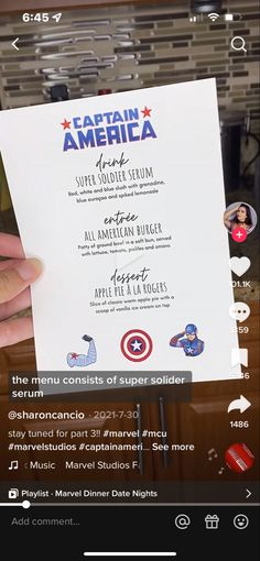 the menu for captain america is being held up